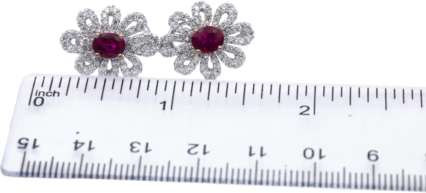 18k White Gold Oval Ruby Round Diamond Flower Earrings 2.42CT