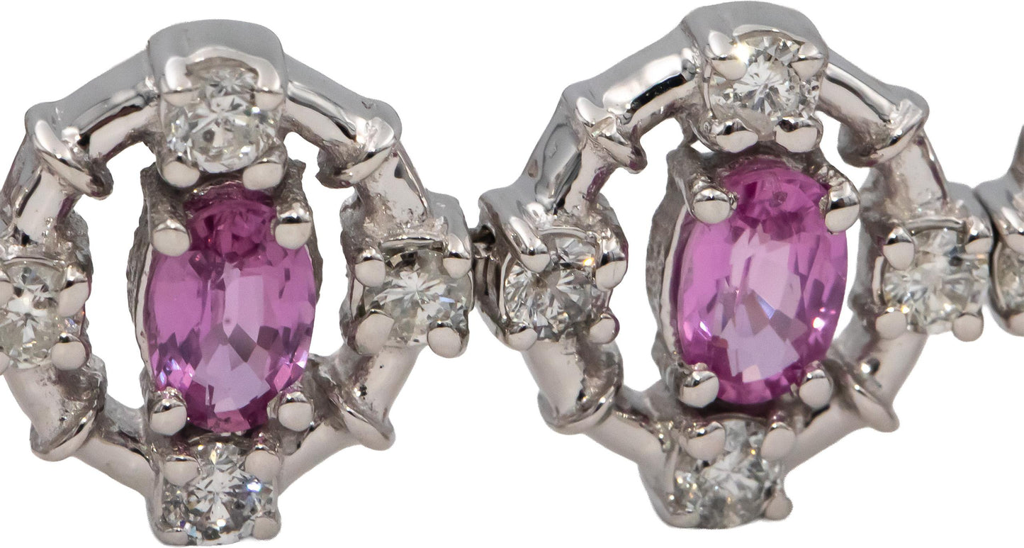 14k White Gold Oval Cut Pink Sapphire Round Diamond Fancy Link Bracelet 10.50CTW
