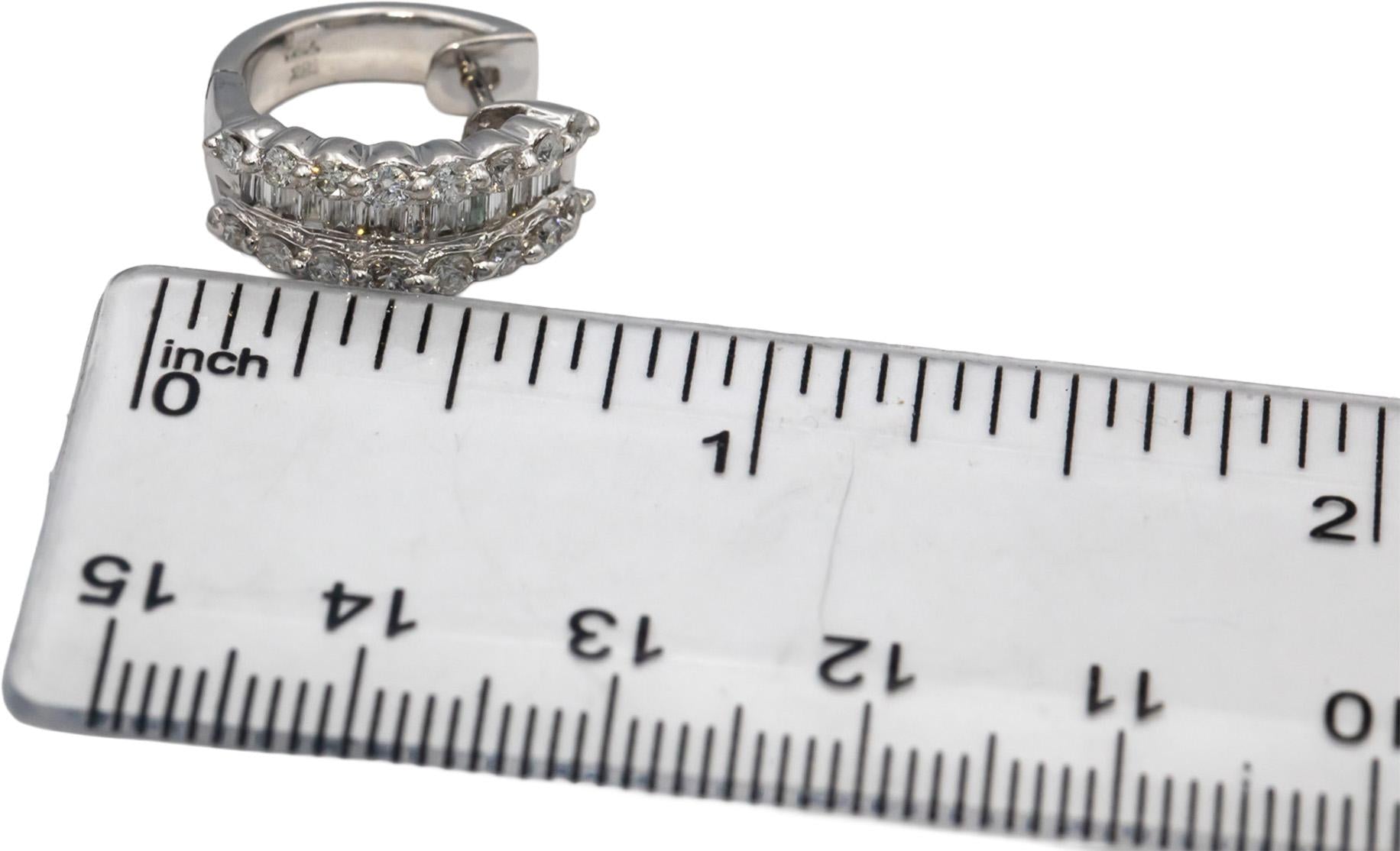 18k White Gold Round & Baguette Cut Diamond Hoop Huggie Earrings 1.10CT