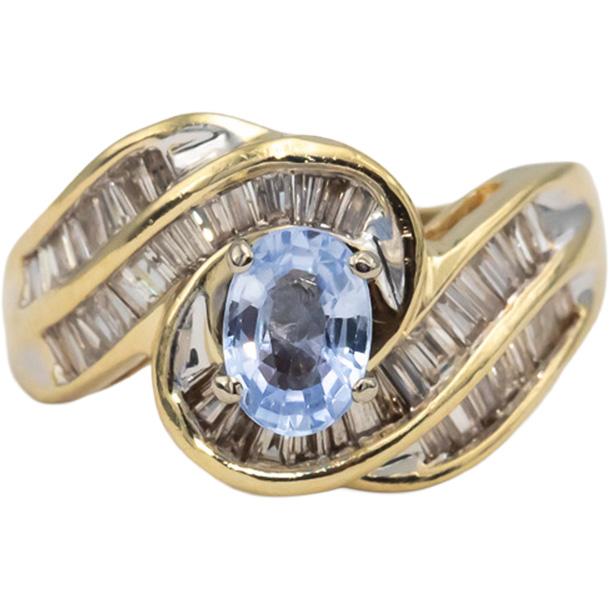 14k Yellow Gold Baguette Diamond & Oval Cut Blue Sapphire Swirl Ring 1.87CTW