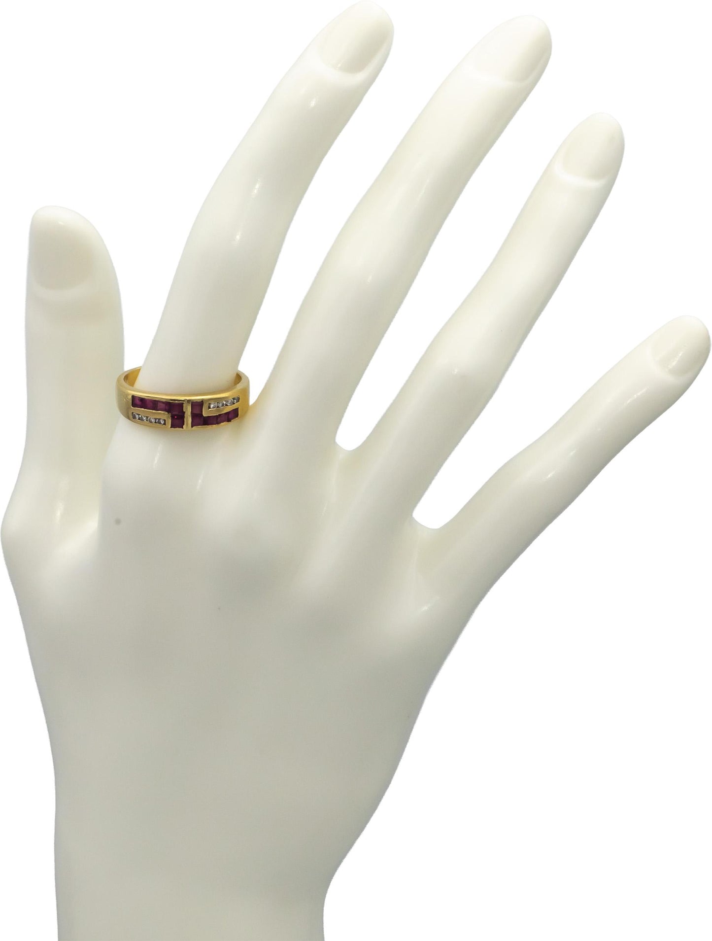 18k Yellow Gold Square Ruby Round Diamond Band Ring 0.66CTW Size 8.5