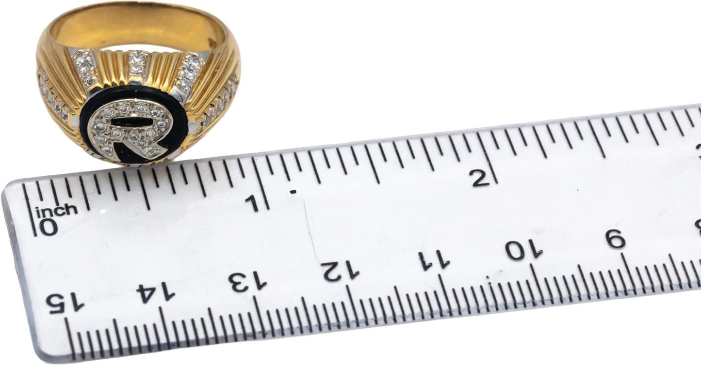 18k Yellow & White Gold VS Round Diamond & Onyx Letter "R" Ring 0.50CT Size 9.25