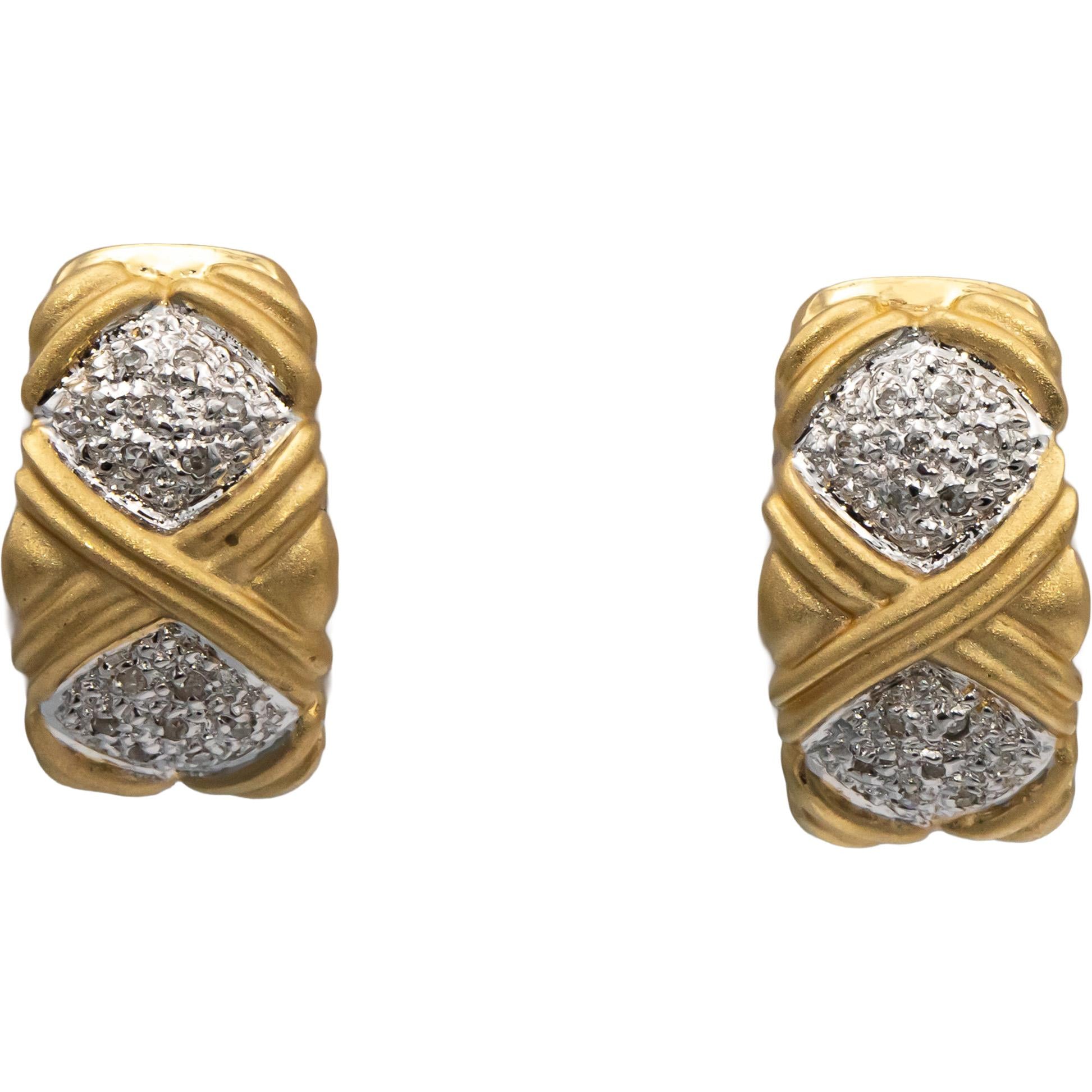 14k Yellow & White Gold Round Diamond Satin Finish Curved Earrings 0.10CT