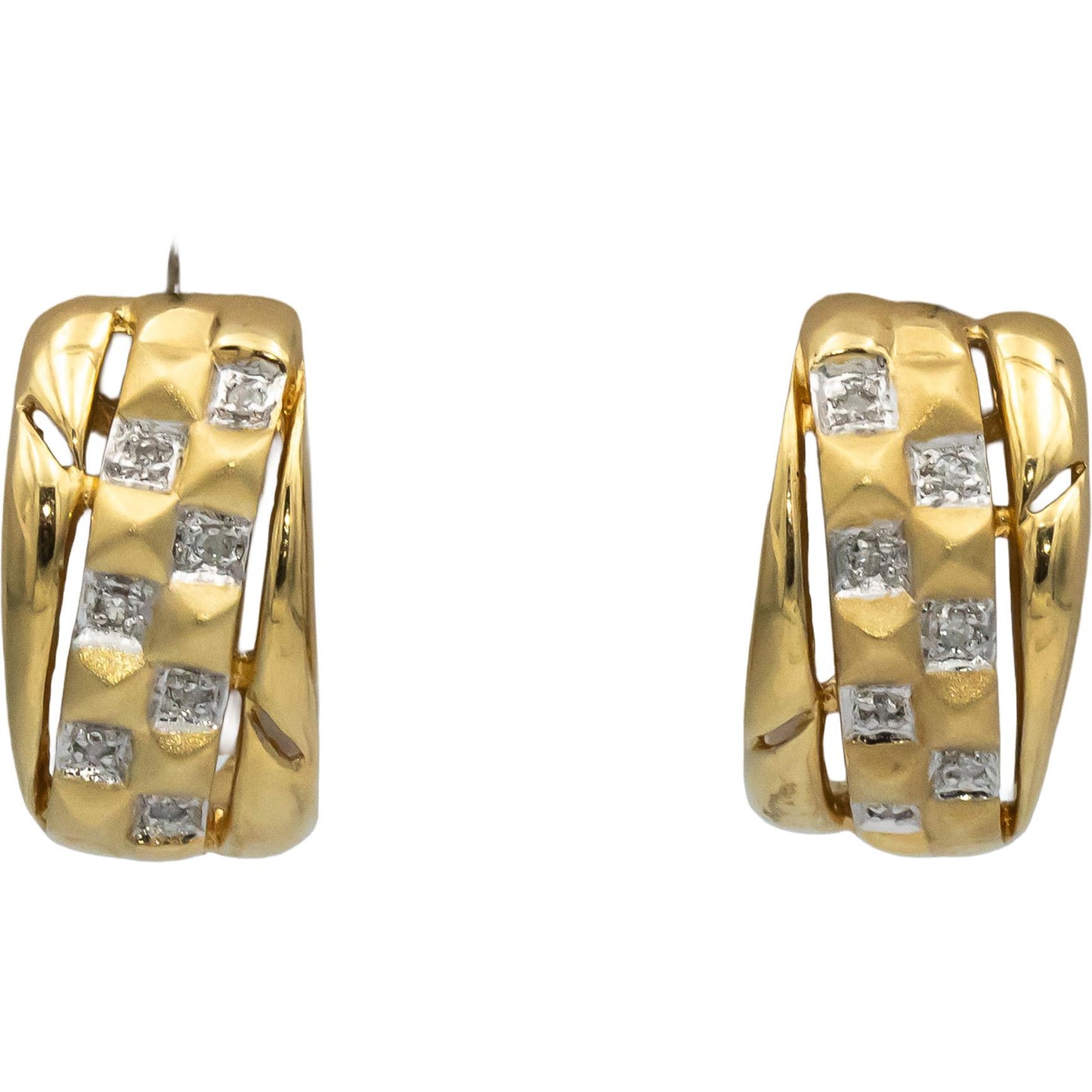 14k Yellow and White Gold Round Diamond Satin Finish Curved Earrings 0.11CT