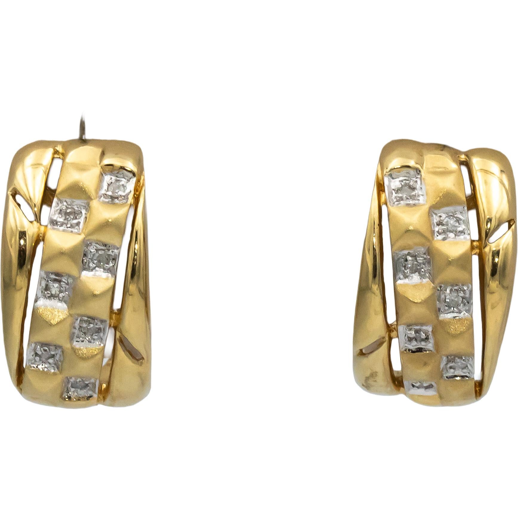 14k Yellow and White Gold Round Diamond Satin Finish Curved Earrings 0.11CT
