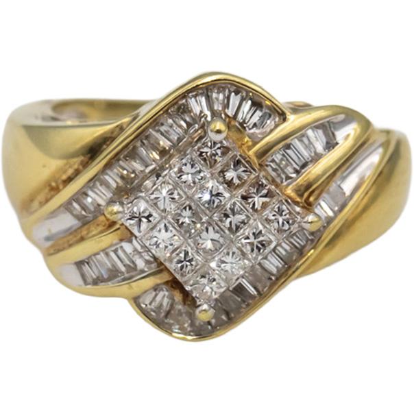 14k Yellow & White Gold Princess & Baguette Diamond Cocktail Ring 1.0CT Size 6.5