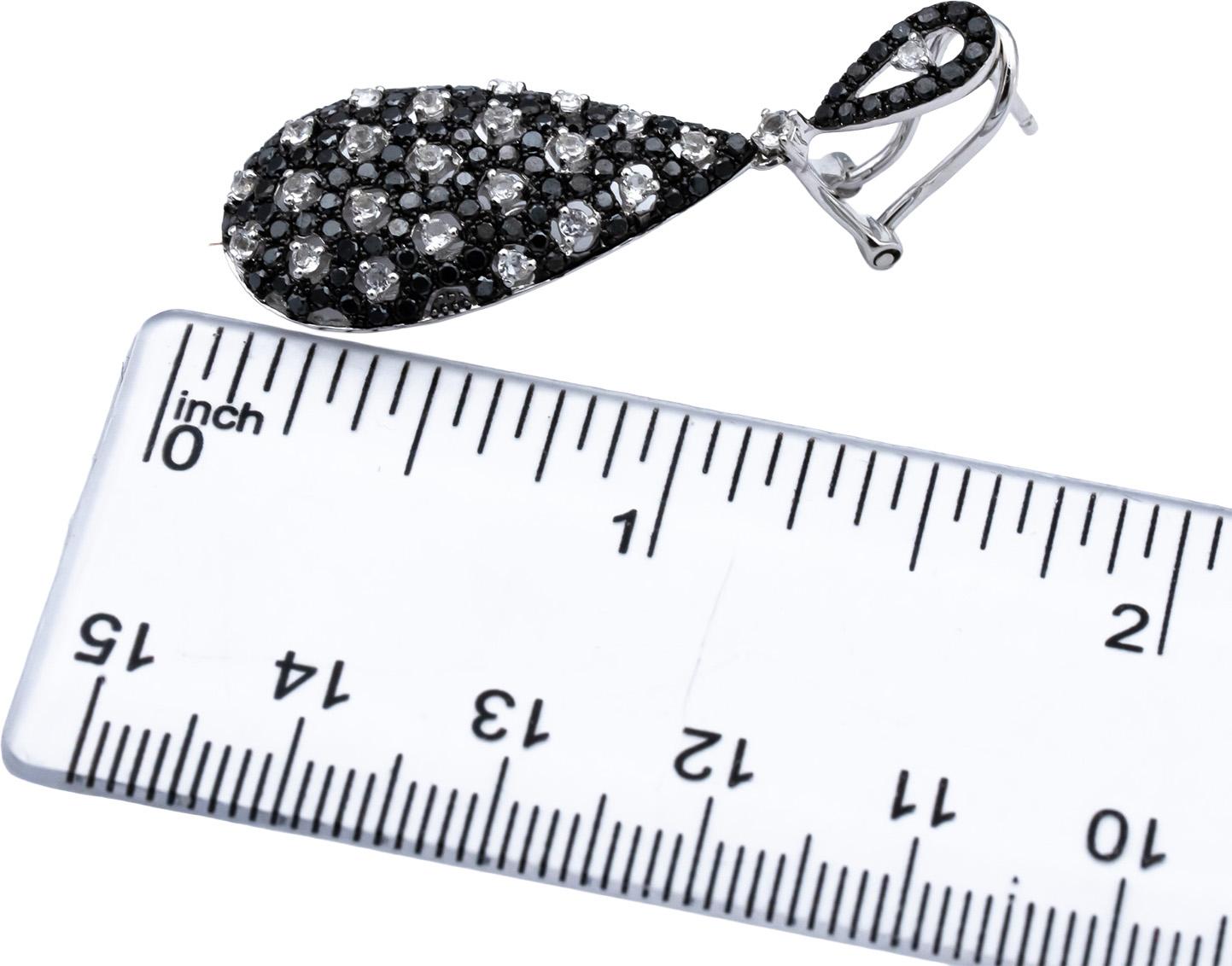 14k White Gold White Topaz and Black Diamond Cluster Dangle Earrings 2.50CTW