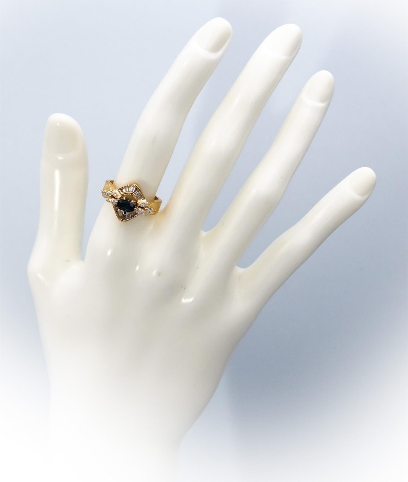 18k Yellow Gold VS Diamond and Blue Sapphire Cocktail Ring 1.24CTW Size 6.5