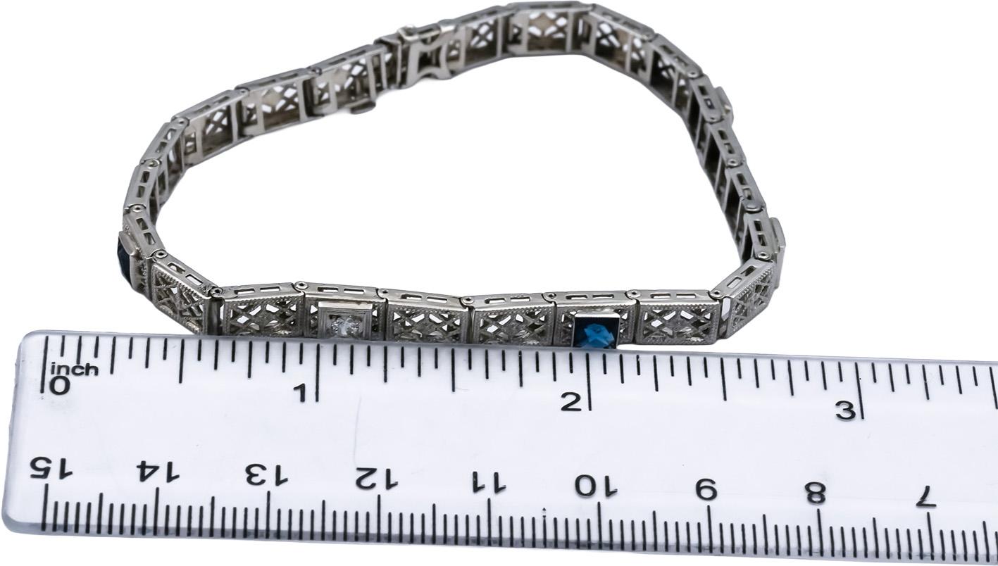 Vintage Antique 14k White Gold Diamond & Synthetic Gemstone Bracelet 0.15CT