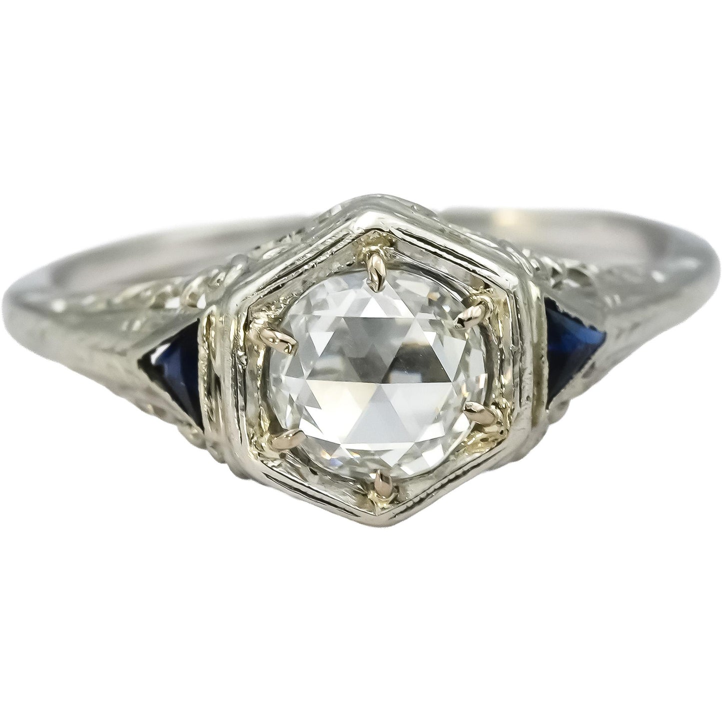 GIA Vintage Antique 18k White Gold VS1/G Diamond & Sapphire Filigree Ring .78CT