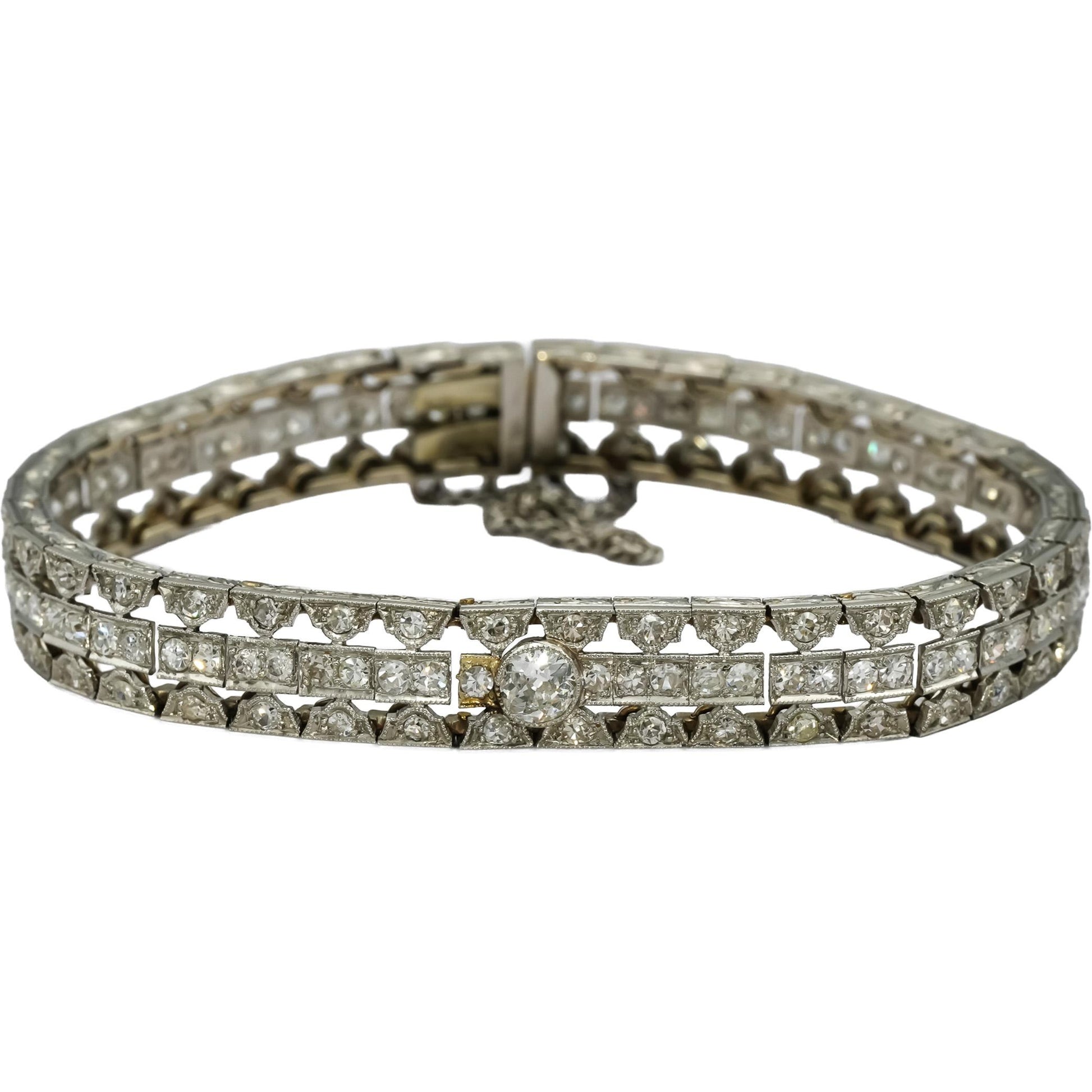 Vintage Antique Platinum 14k Gold VS Diamond Three Row Bracelet 4.10CT