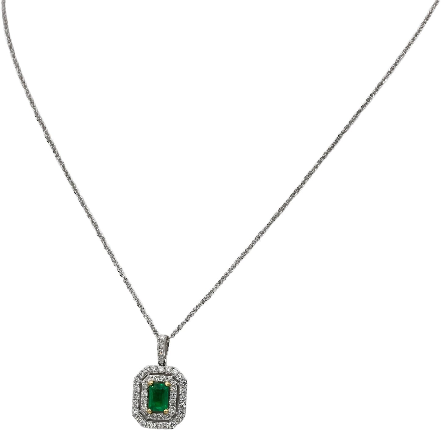 14k White Gold Diamond and Emerald Pendant Necklace 1.15CTW
