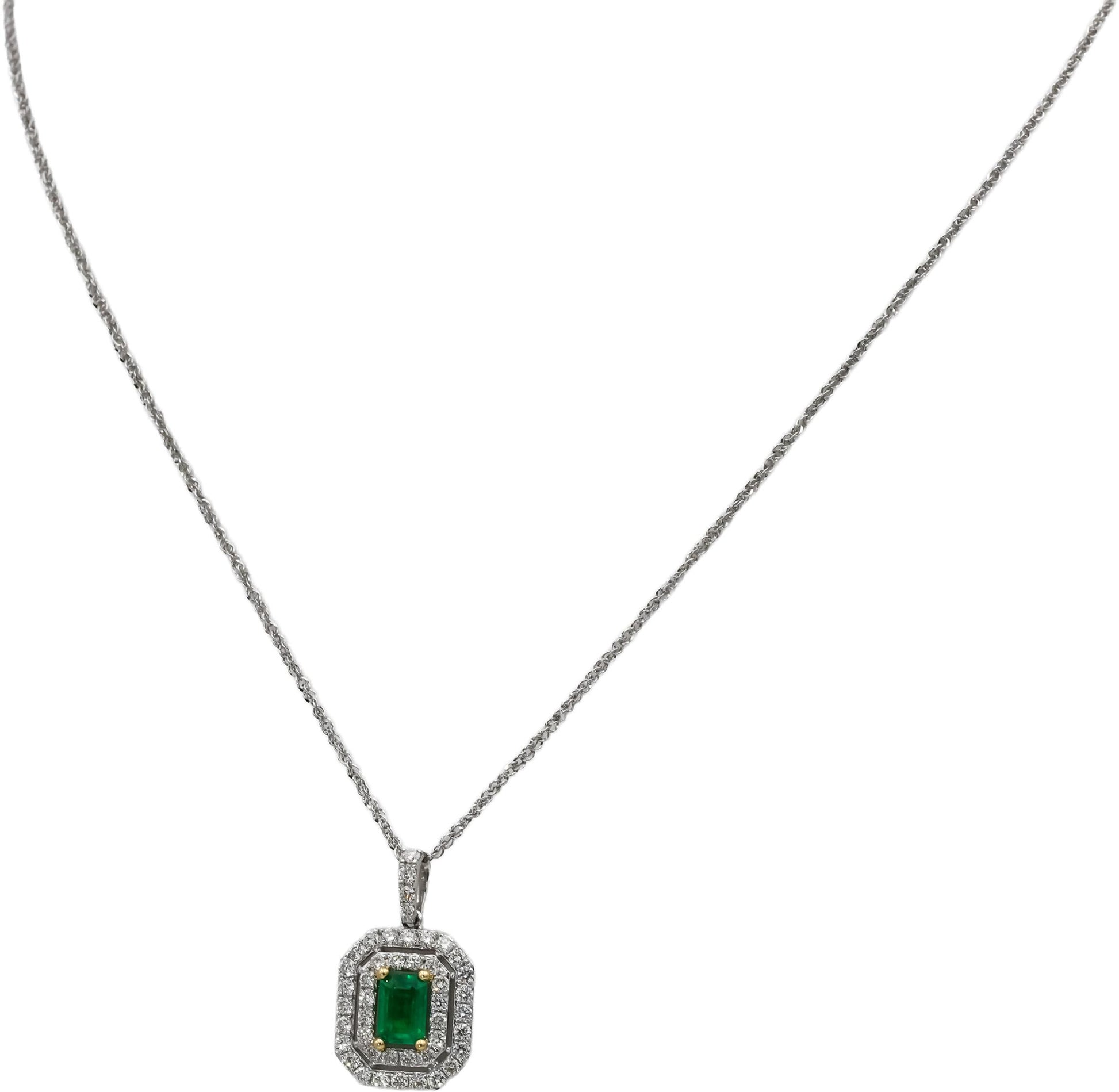 14k White Gold Diamond and Emerald Pendant Necklace 1.15CTW
