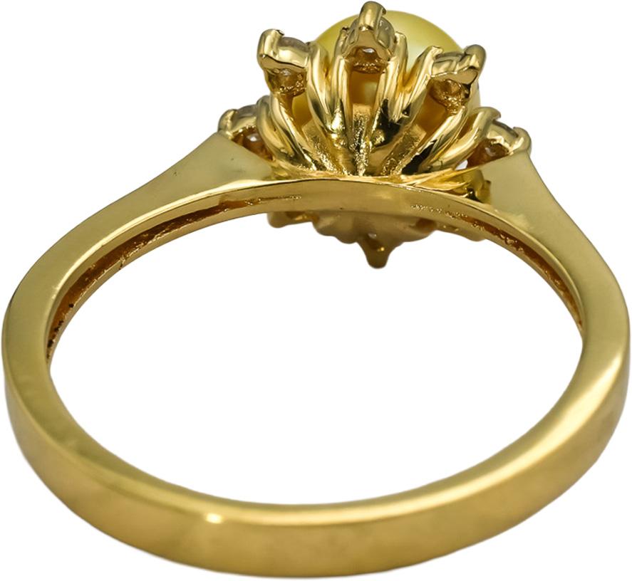 18k Yellow Gold Round Diamond and Golden Pearl Ring 0.12CT Size 7.25