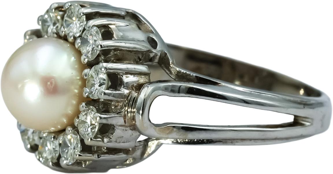 14k White Gold VS Diamond and 7.8mm Pearl Cocktail Ring 0.75CT Size 8.25