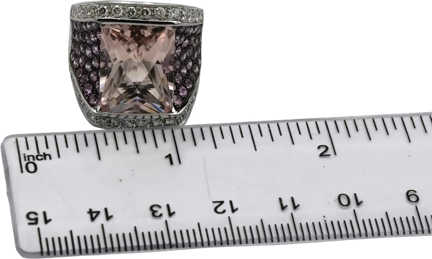 18k White Gold VS Morganite Diamond and Sapphire Cocktail Ring 13.36CT Size 7