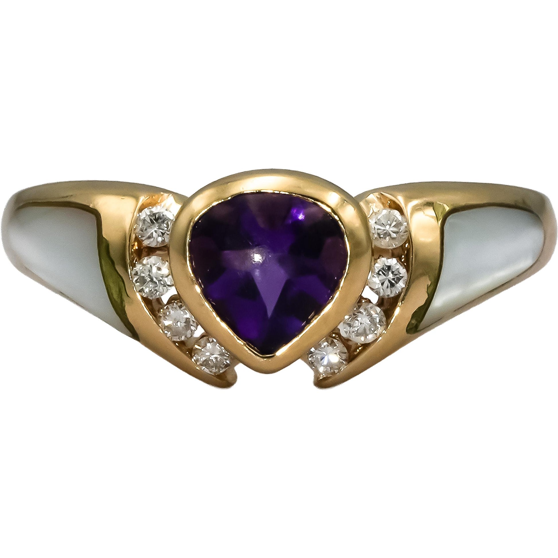 14k Yellow Gold Diamond Amethyst Mother of Pearl Cocktail Ring 0.16CT Size 8