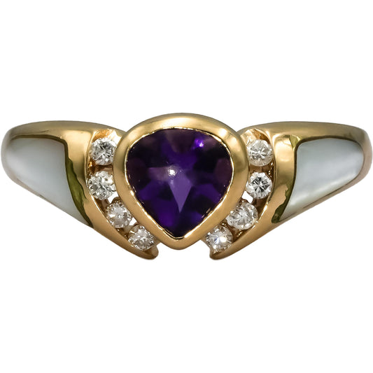 14k Yellow Gold Diamond Amethyst Mother of Pearl Cocktail Ring 0.16CT Size 8