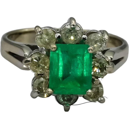14k White Gold Diamond and Emerald Cocktail Ring 2.0CT Size 6
