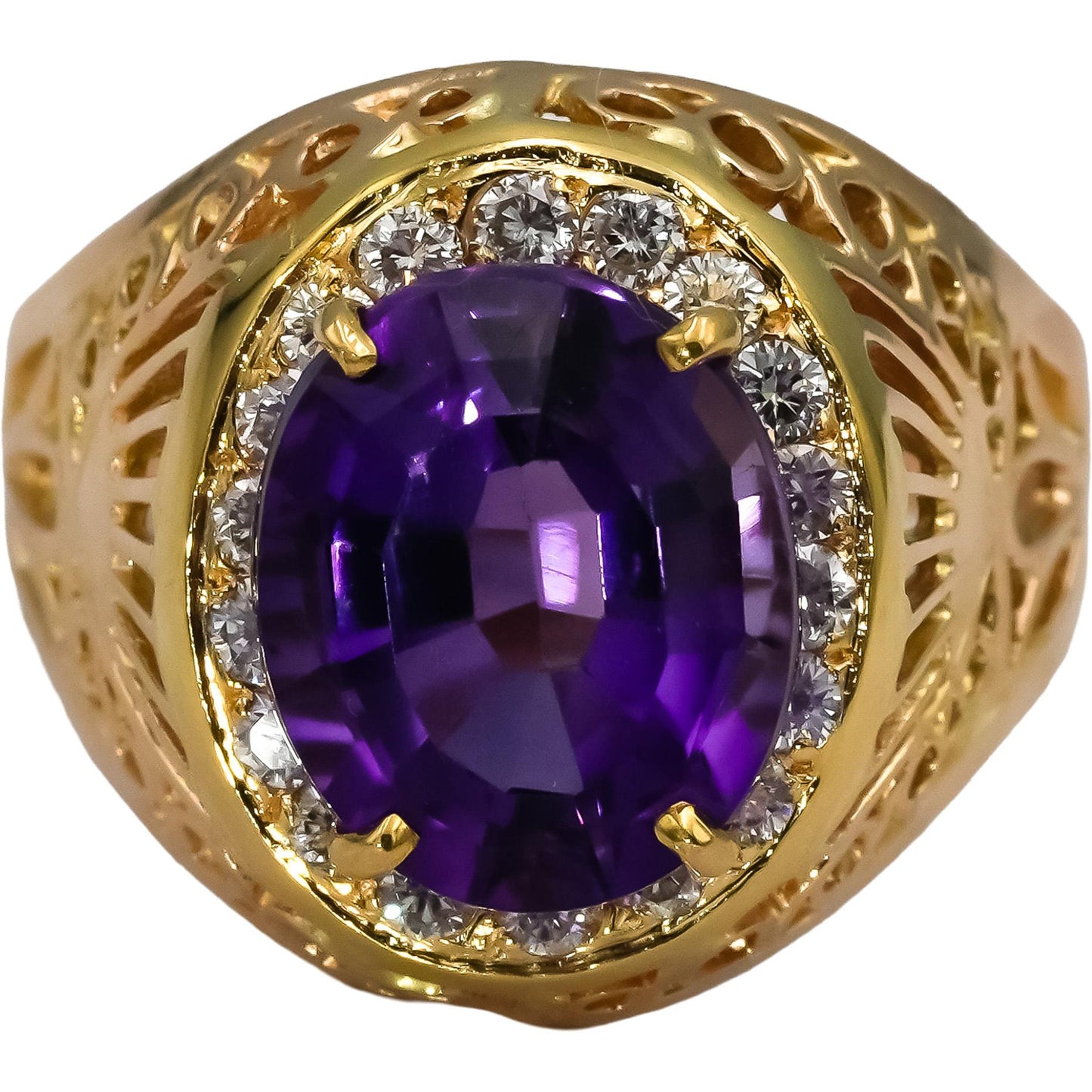 14k Yellow Gold Diamond and Amethyst Cocktail Ring 8.50CT Size 8.75