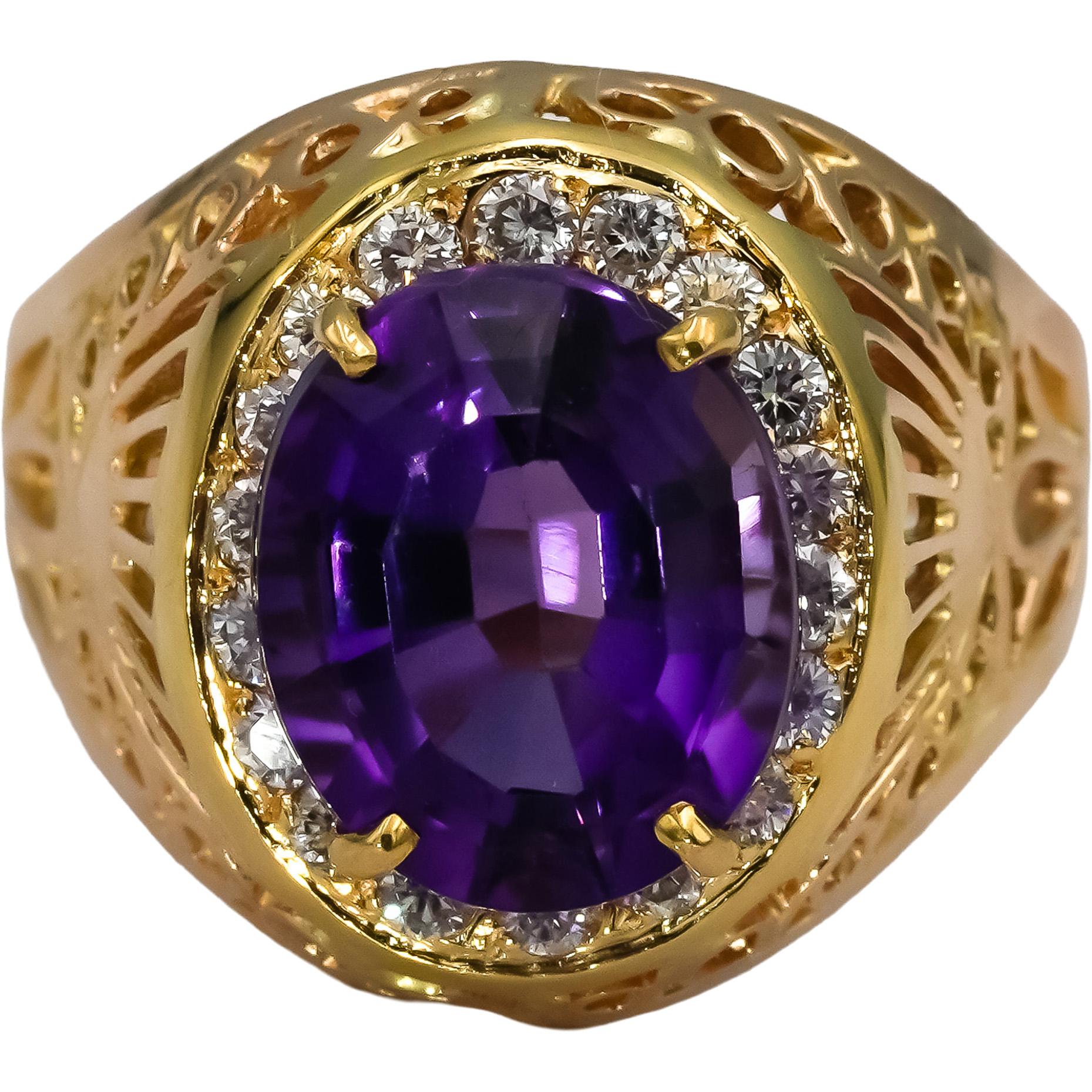 14k Yellow Gold Diamond and Amethyst Cocktail Ring 8.50CT Size 8.75