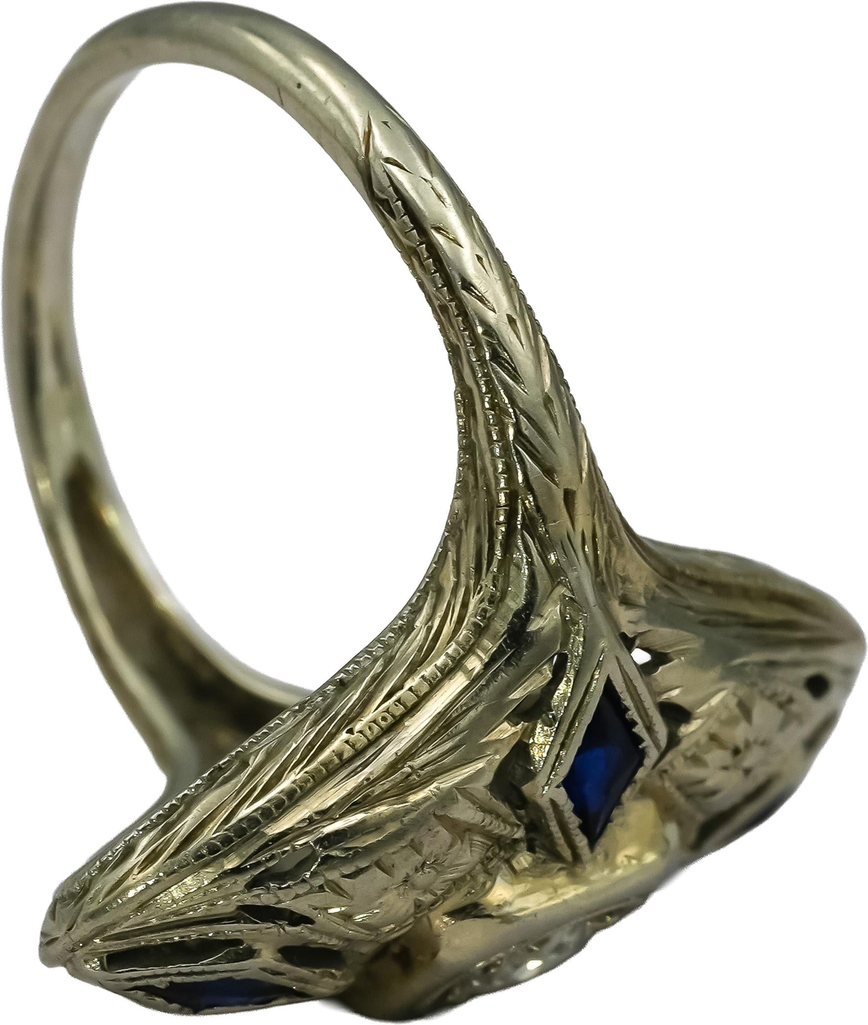 Art Deco Antique 18k White Gold Diamond & Synthetic Sapphire Ring 0.40CT Size 4