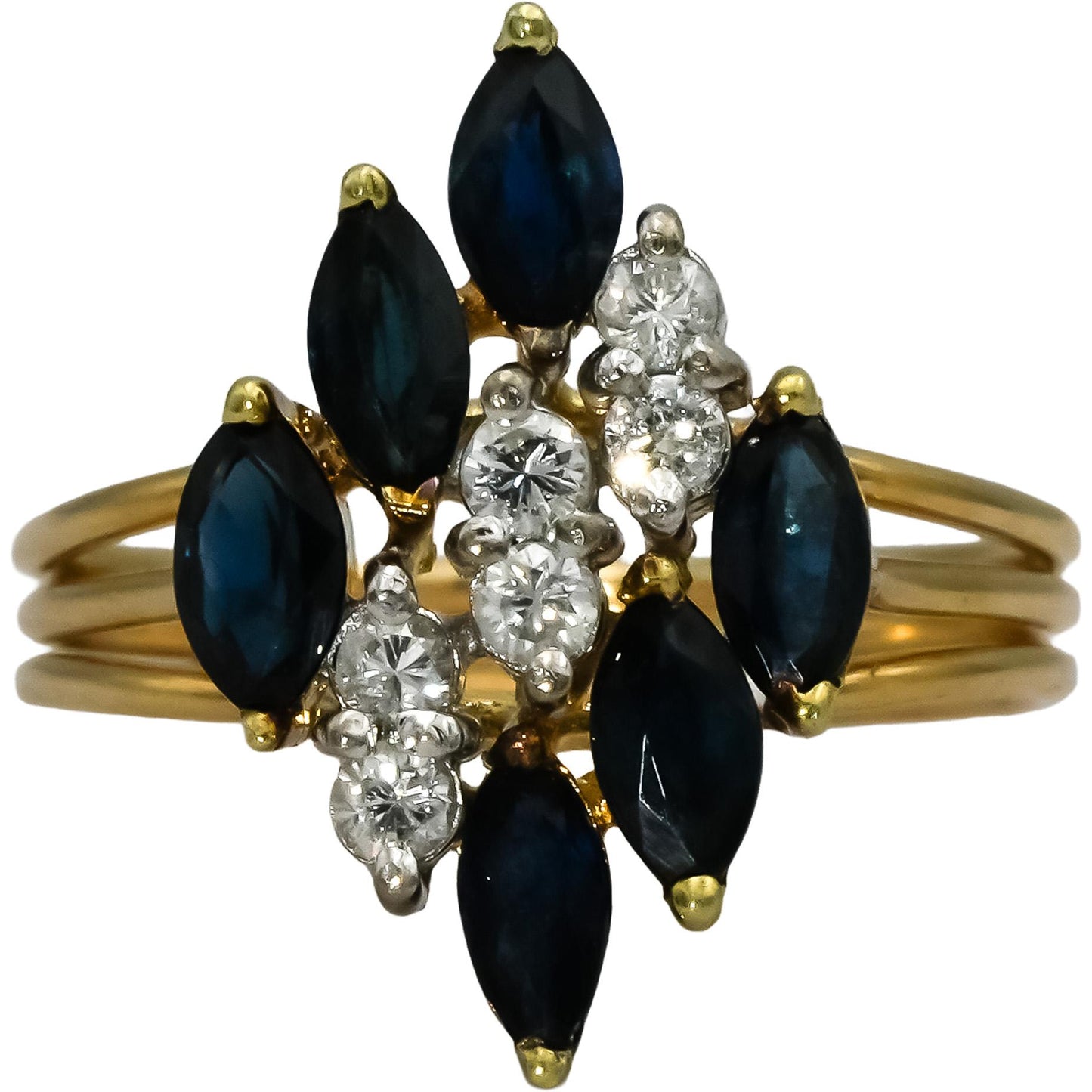 14k Yellow Gold Round Diamond Marquise Sapphire Cocktail Ring 1.05CT Size 7