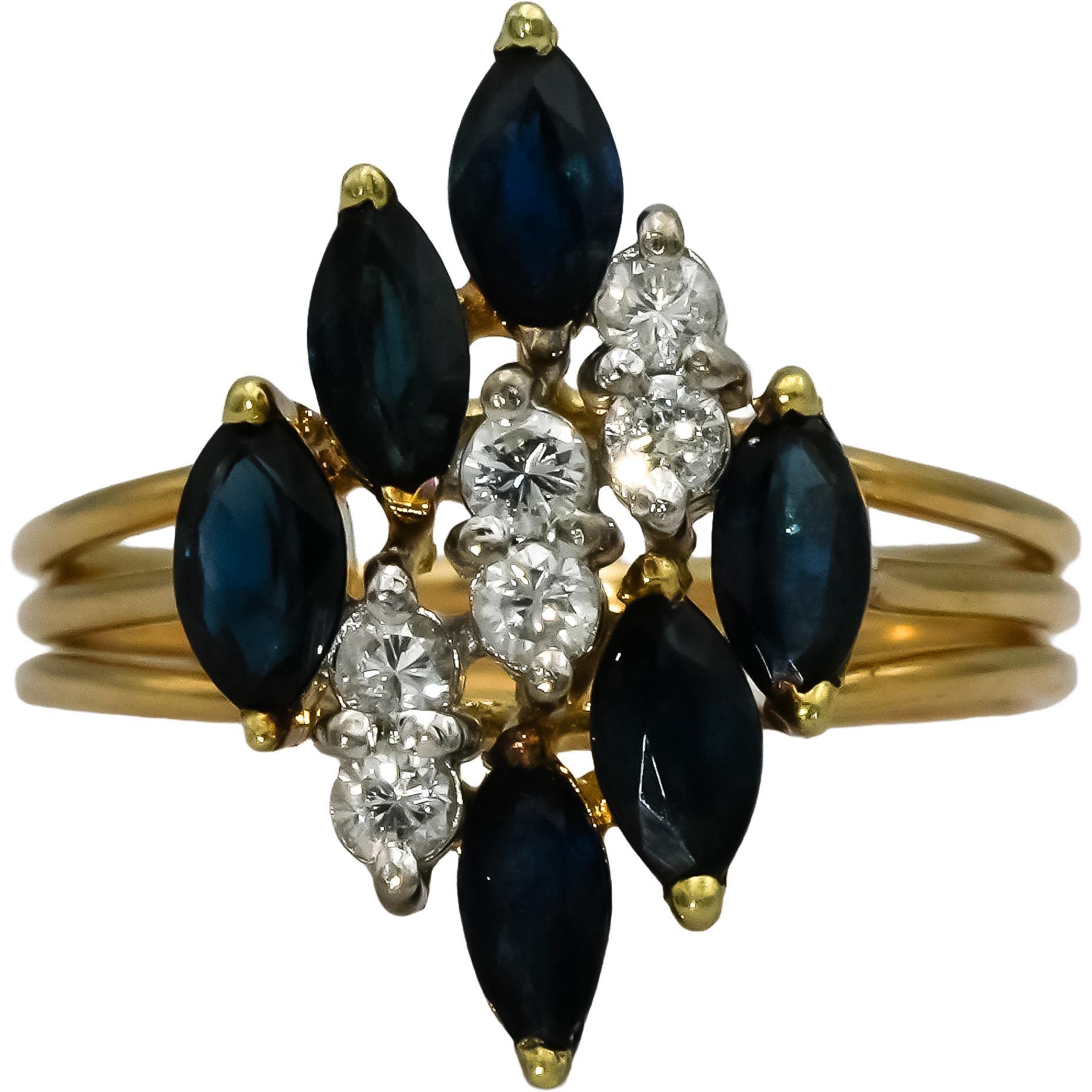 14k Yellow Gold Round Diamond Marquise Sapphire Cocktail Ring 1.05CT Size 7