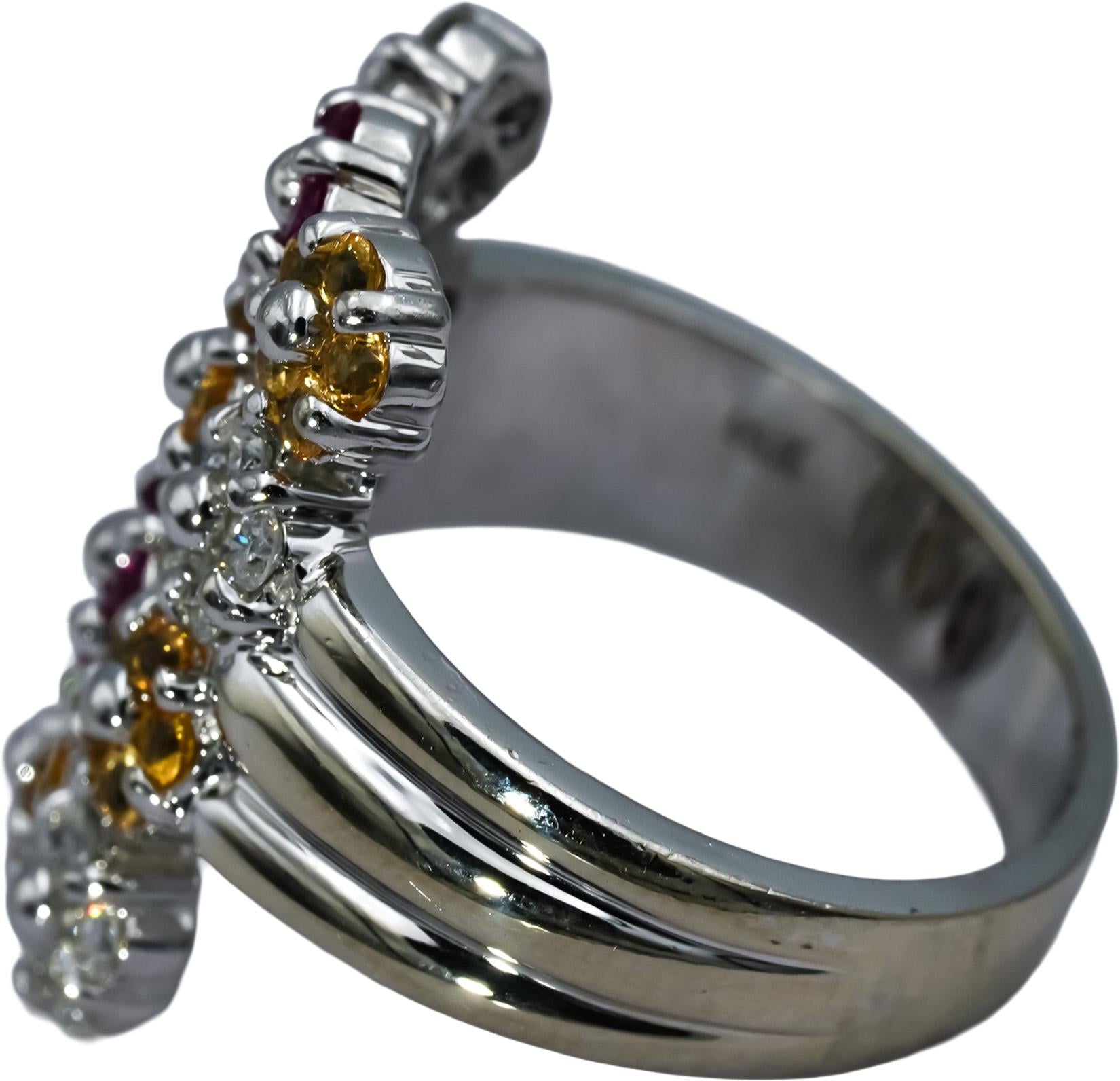 14k White Gold Diamond and Multicolor Gemstone Cluster Ring 0.40CT Size 7