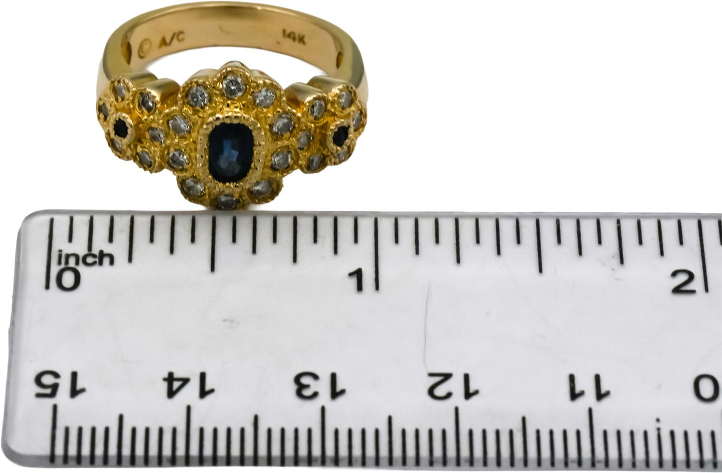 14k Yellow Gold Diamond and Sapphire Floral Cocktail Ring 0.90CT Size 7.5
