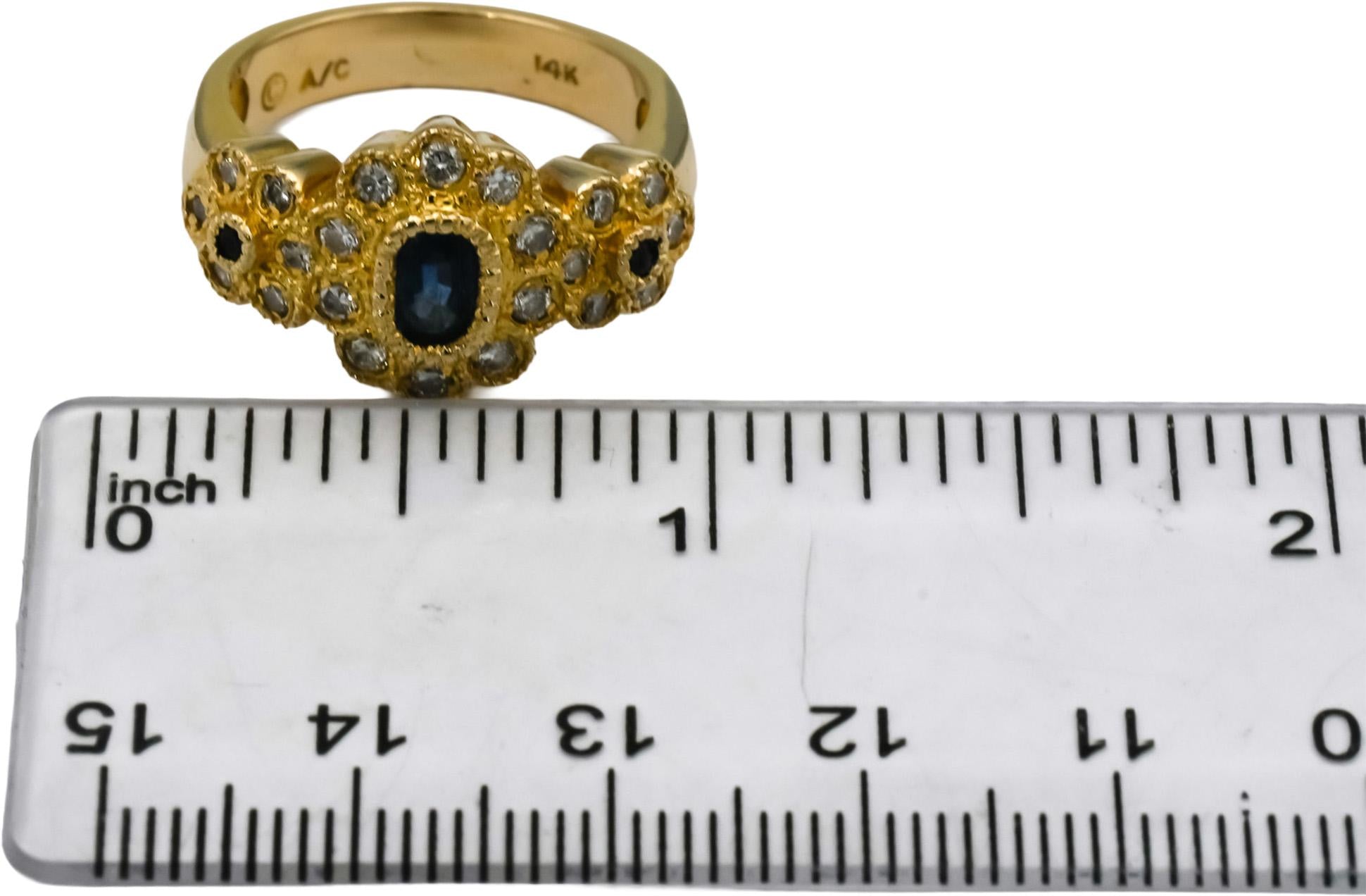 14k Yellow Gold Diamond and Sapphire Floral Cocktail Ring 0.90CT Size 7.5
