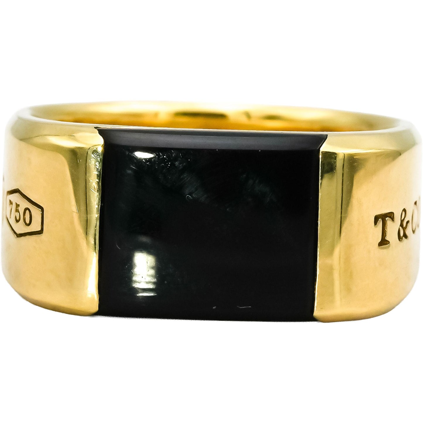 TIFFANY & CO. 18k Yellow Gold 1837 Makers Black Onyx Signet Men's Ring Size 13.5