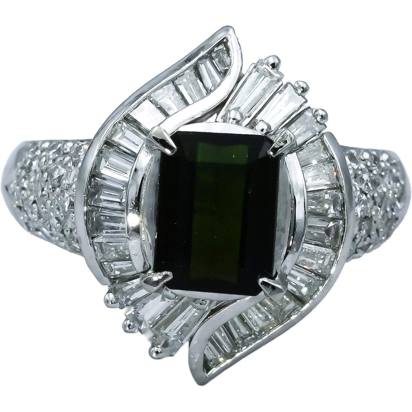 Platinum 900 VS Diamond and Green Tourmaline Cocktail Ring 2.60CT Size 6