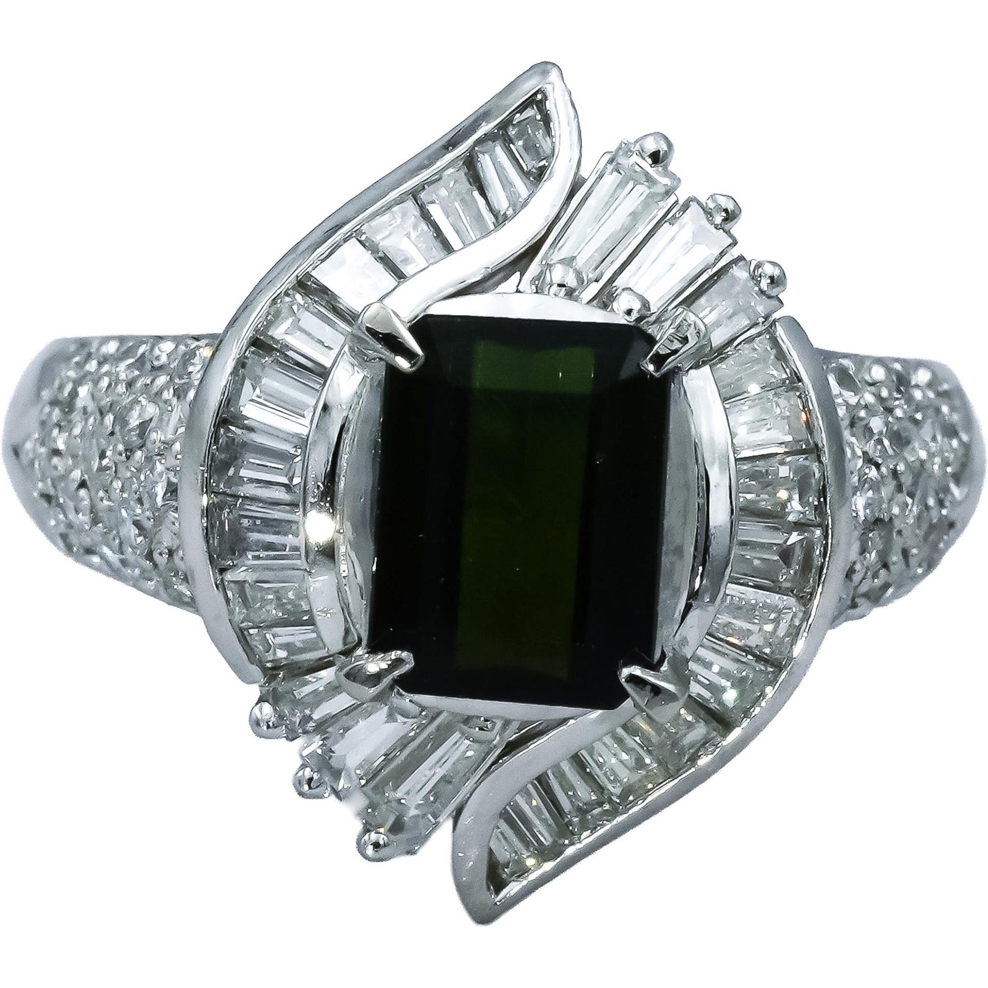Platinum 900 VS Diamond and Green Tourmaline Cocktail Ring 2.60CT Size 6
