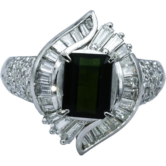 Platinum 900 VS Diamond and Green Tourmaline Cocktail Ring 2.60CT Size 6