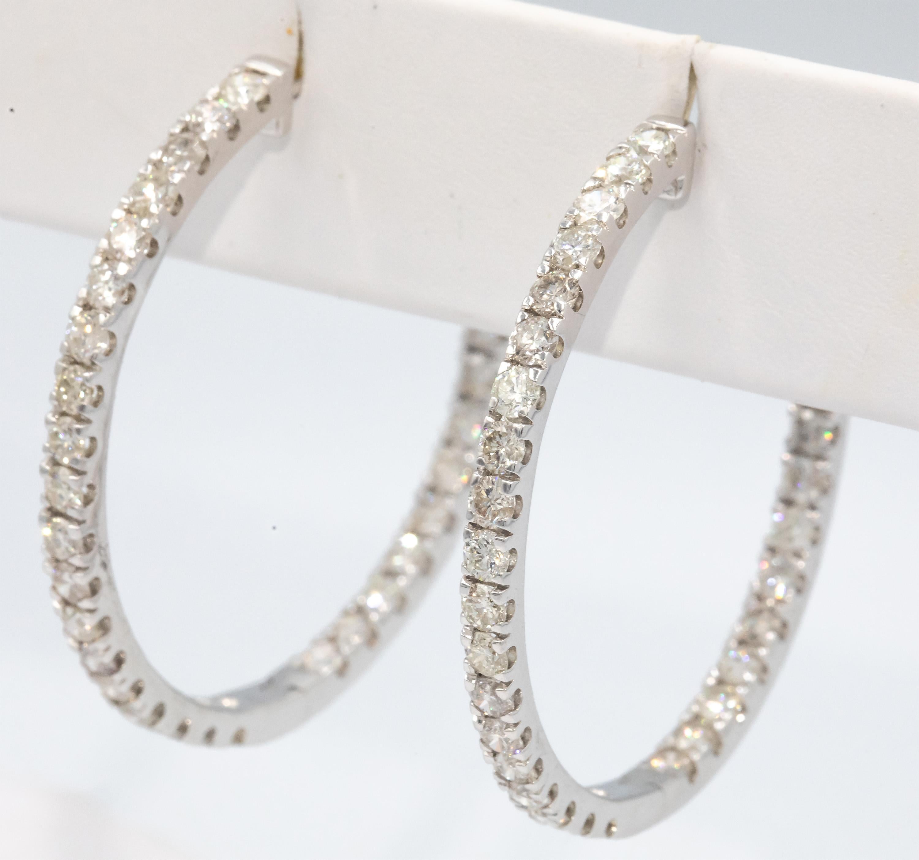 Diamond 10k White Gold Large Inside Out Hoop Earrings 6.0CT