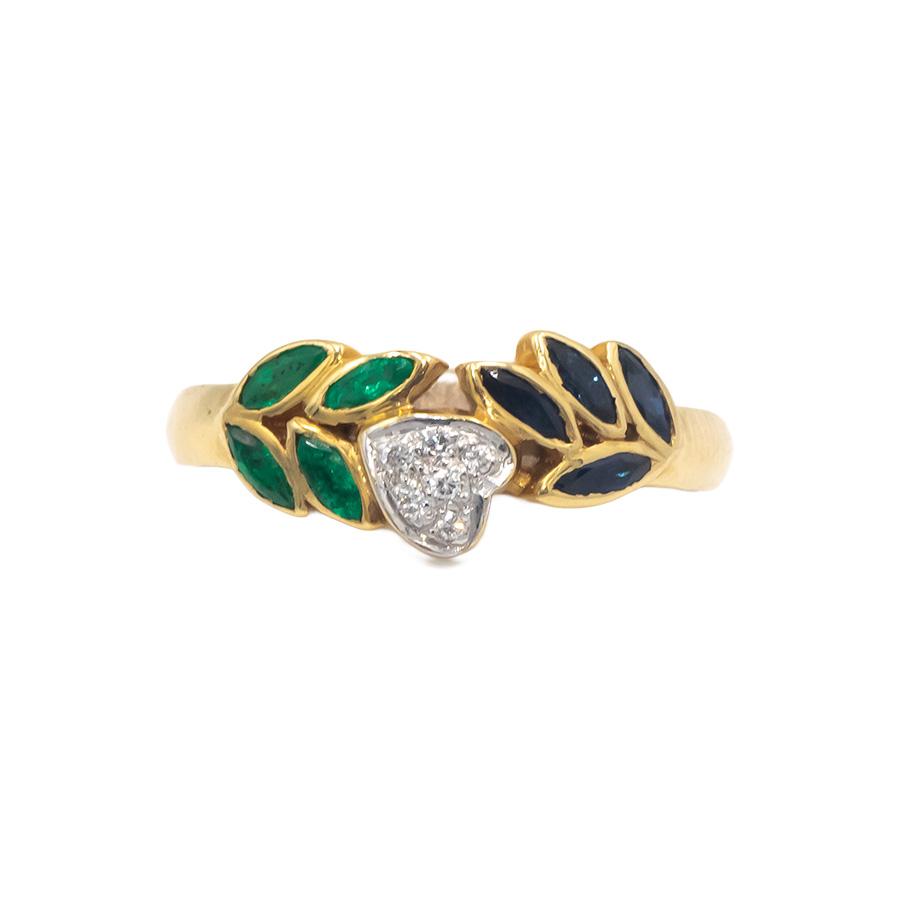 KALATI 18k Gold 0.29CT Diamond Emerald Sapphire Floral Heart Band Ring Size 6.5
