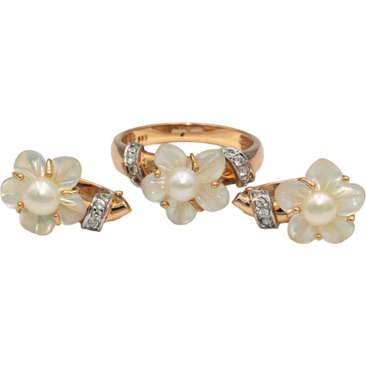 14k Gold 0.25CT VS Diamond Pearl & Mother of Pearl Ring and Earring Set