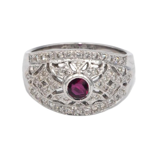 14k White Gold 0.75CT Diamond and Ruby Filigree Ring Size 6.75