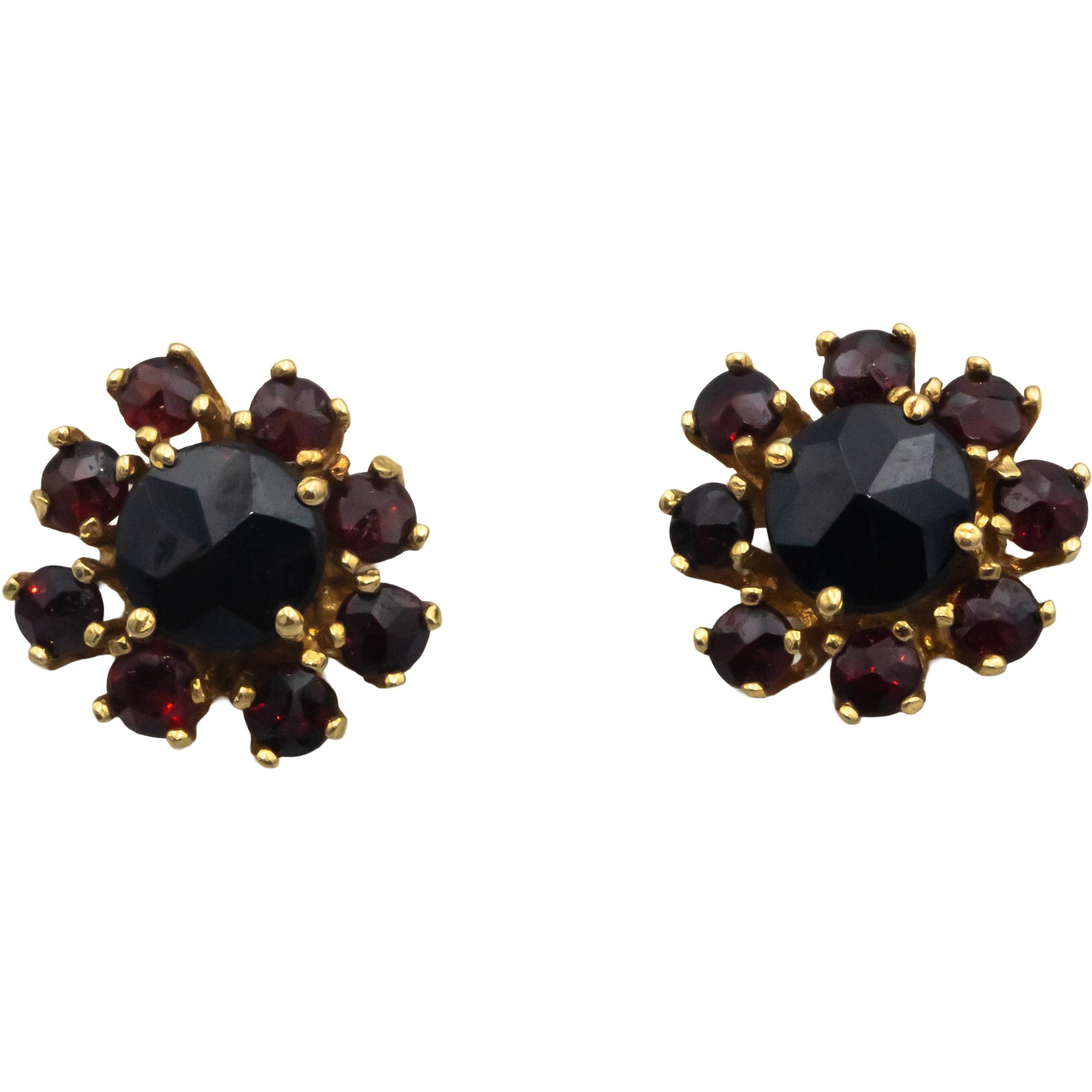 14k Yellow Gold Round Garnet Floral Cluster Stud Earrings 2.50CT