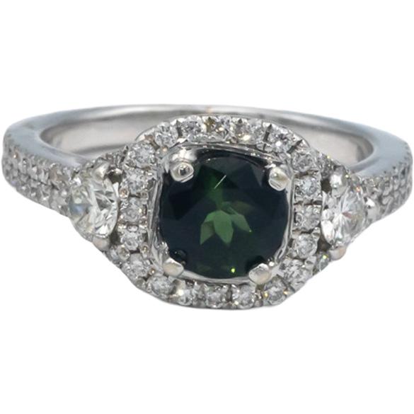 14k White Gold 1.50CT VS Diamond and Green Tourmaline Halo Ring Size 6
