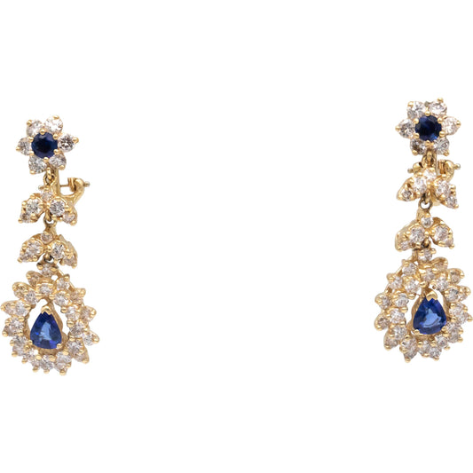 14k Yellow Gold Diamond and Sapphire Drop Dangle Earrings 4.0CT