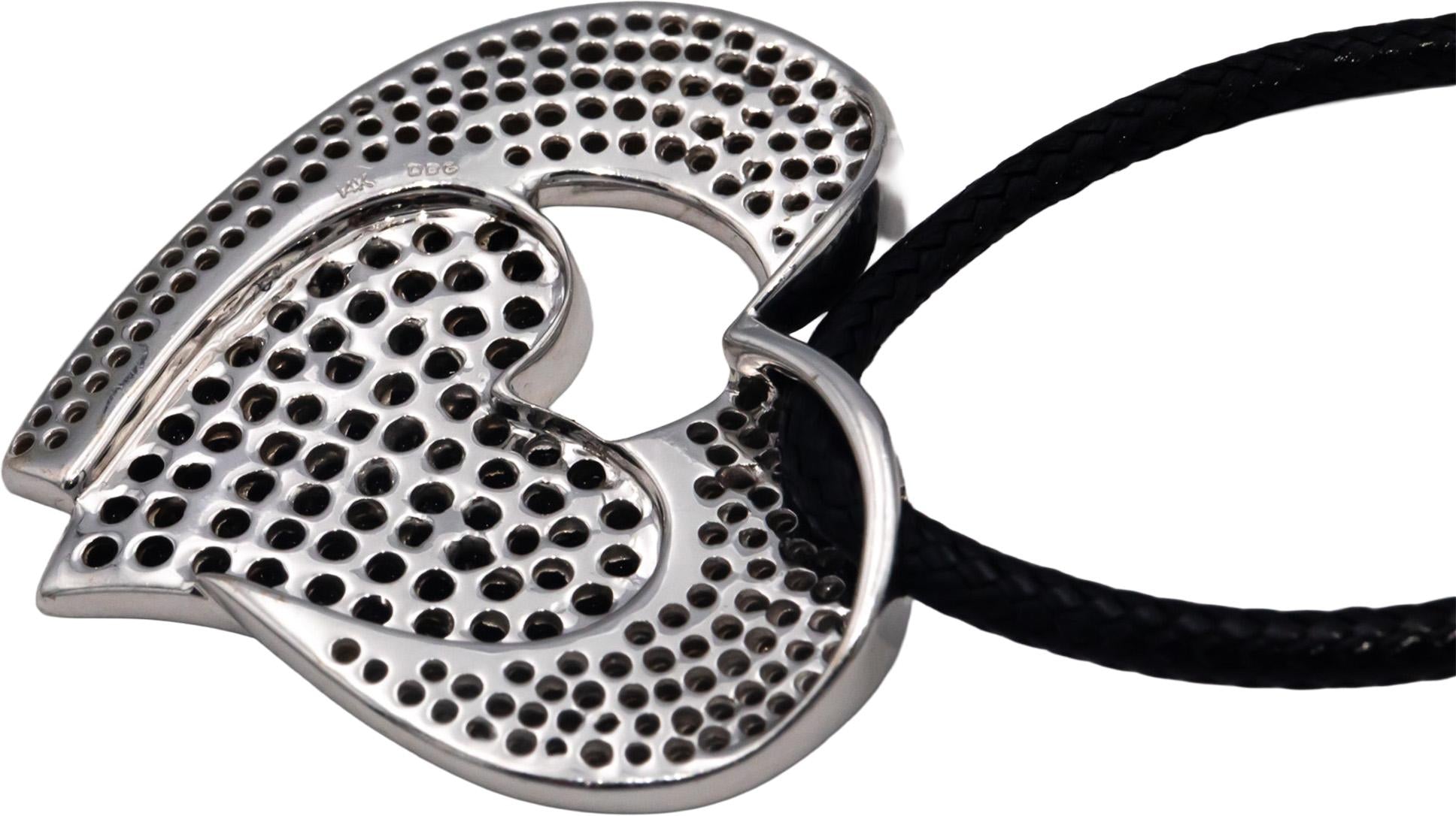 14k White Gold White and Black Diamond Cluster Heart Pendant Necklace 1.90CT