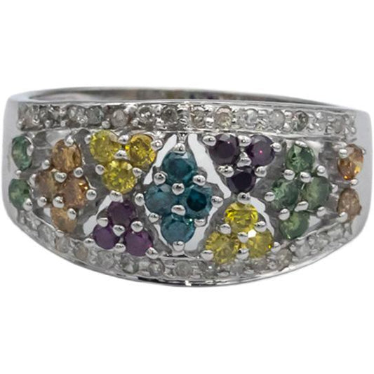 10k White Gold 0.70CT White and Multi-Color Diamond Cluster Ring Size 7.25