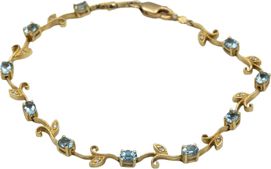 14k Yellow Gold Jewelry 1.56CT Diamond and Aquamarine Floral Link Bracelet