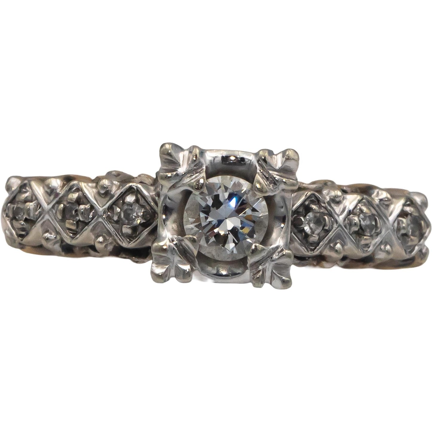 Antique Vintage 14k White & Yellow Gold 0.25CT Round Cut Diamond Ring Size 8.25