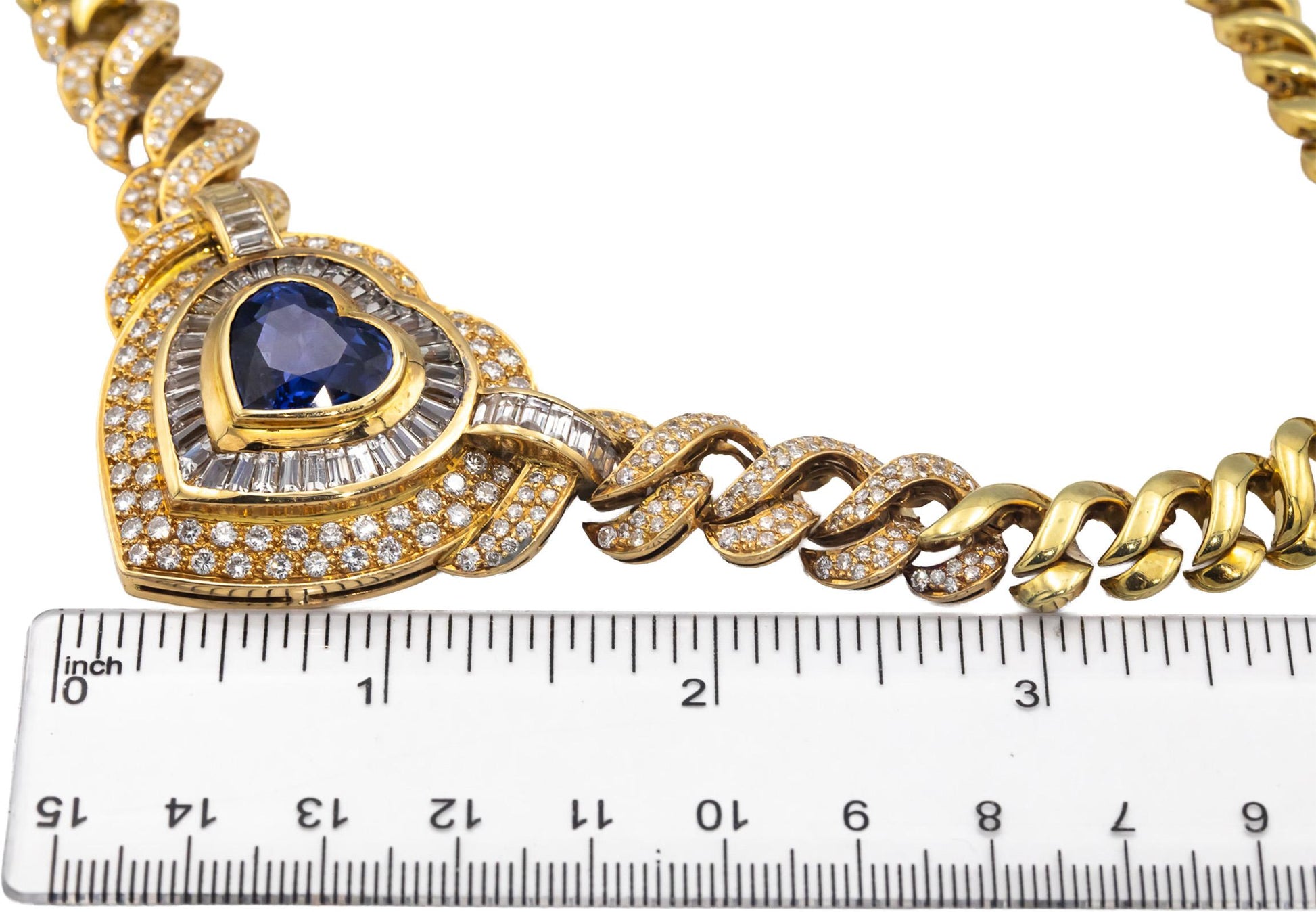 GIA Certified Diamond & Heated Heart Sapphire 18k Gold Formal Necklace 17.75CT