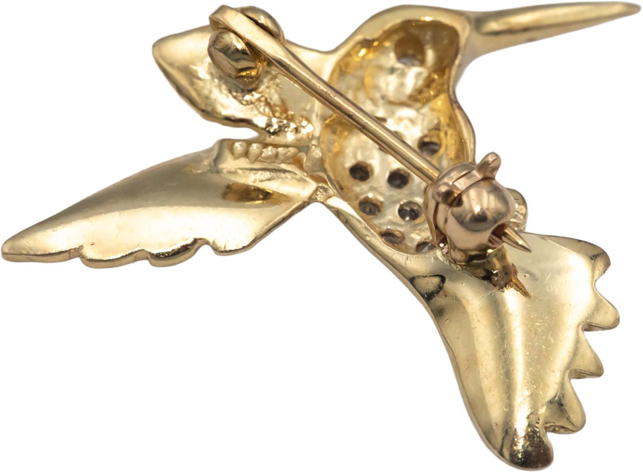 14k Yellow Gold 0.10CT Round Cut Diamond Hummingbird Brooch Pin