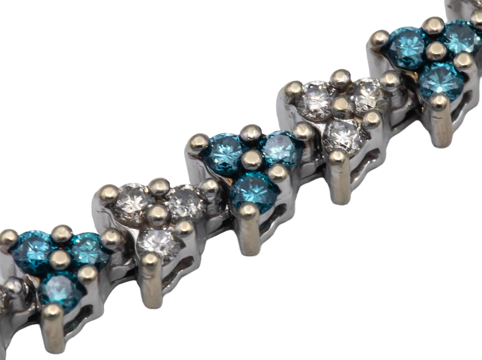 14k White Gold 2.50CT Round Cut White and Blue Diamond Fancy Link Bracelet