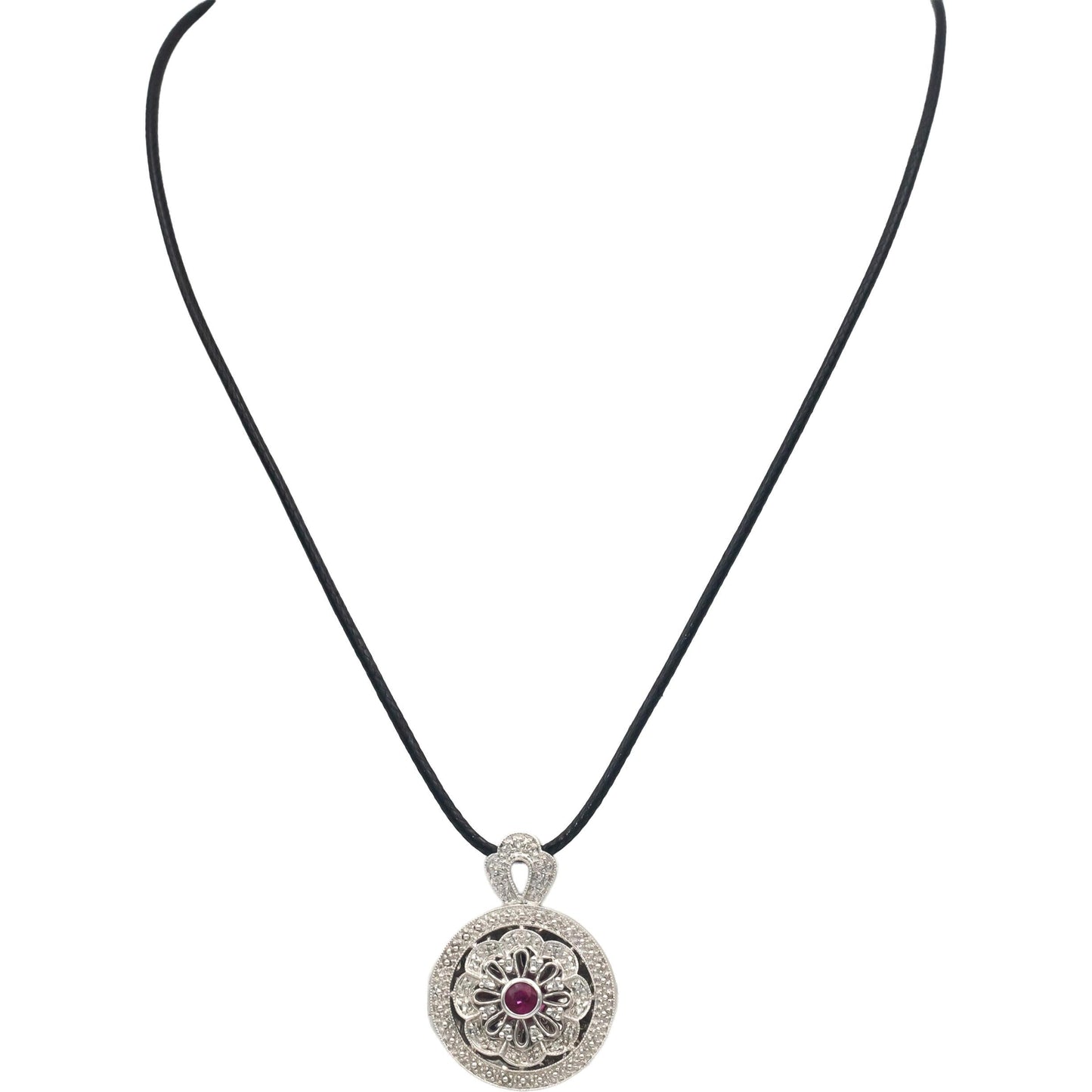 14k White Gold 0.50CT Diamond and Ruby Illusion Setting Locket Pendant Necklace